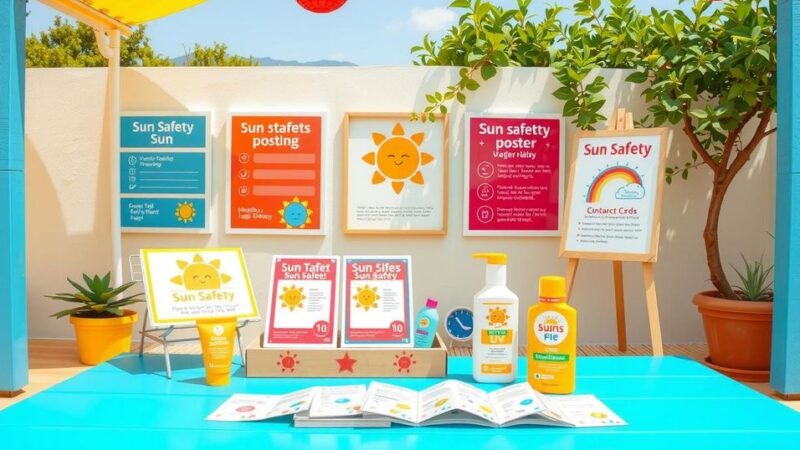 An outdoor classroom scene highlighting sun safety education for children in primary schools, featuring UV index tools.