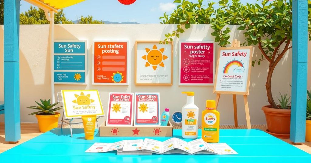 An outdoor classroom scene highlighting sun safety education for children in primary schools, featuring UV index tools.