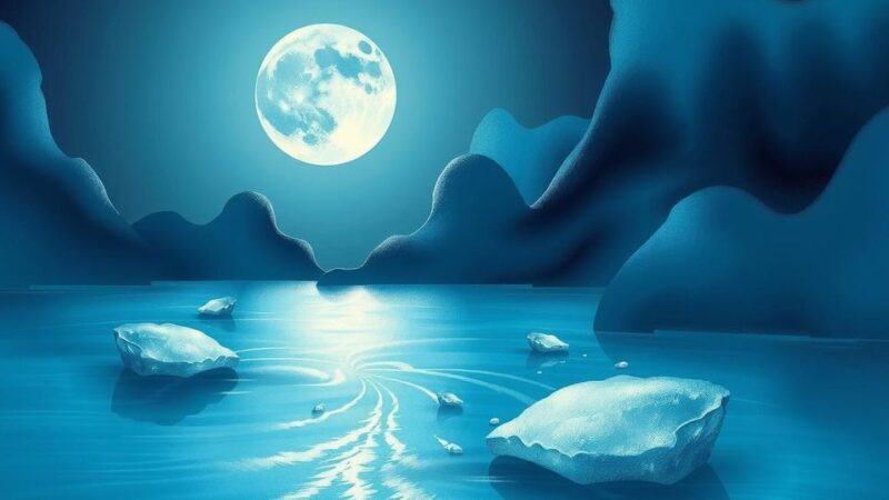 Lunar landscape with a calm body of water reflecting the moon, symbolizing intuition and emotional balance.