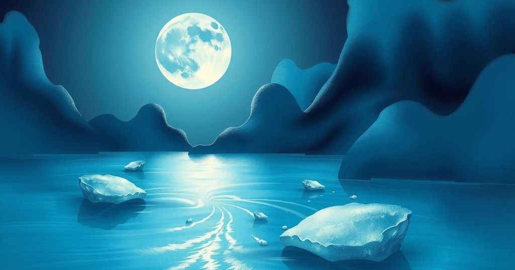 Lunar landscape with a calm body of water reflecting the moon, symbolizing intuition and emotional balance.