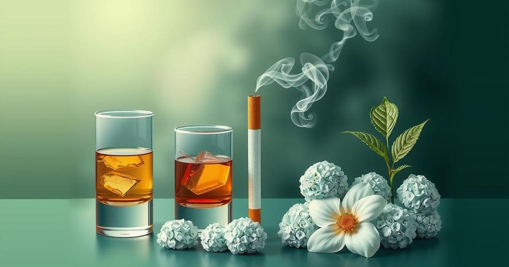 Ilustrasi yang menggambarkan efek buruk alkohol, merokok, dan vaping pada kesehatan reproduksi dan keseluruhan.