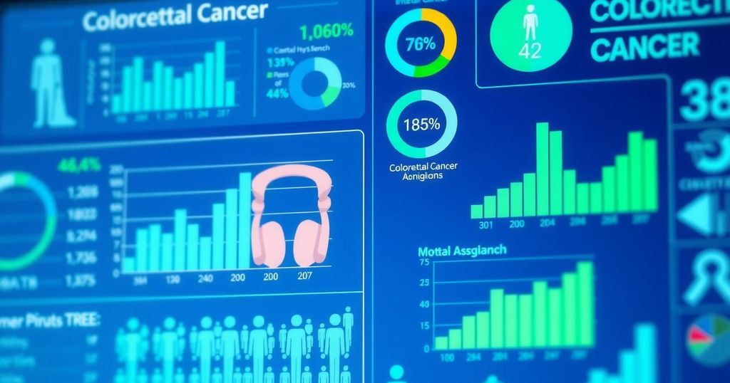 Statistik penelitian kanker kolorektal dengan grafik dan data analitik dalam palet warna biru dan hijau.