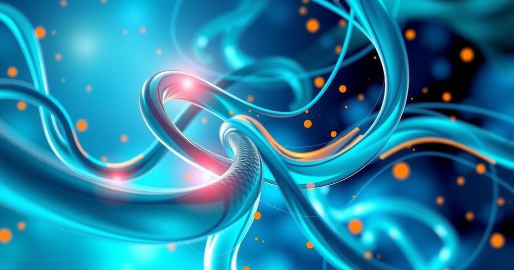 Representation of cancer therapy approach with abstract biological elements in vibrant colors.