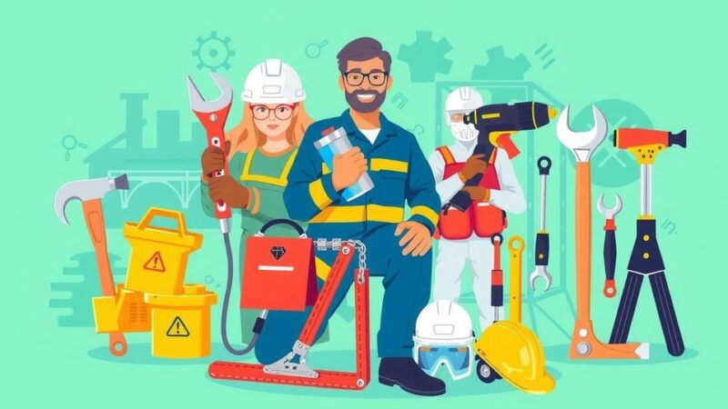 Ilustrasi profesi berisiko tinggi dengan latar belakang berwarna cerah seperti hijau dan biru.