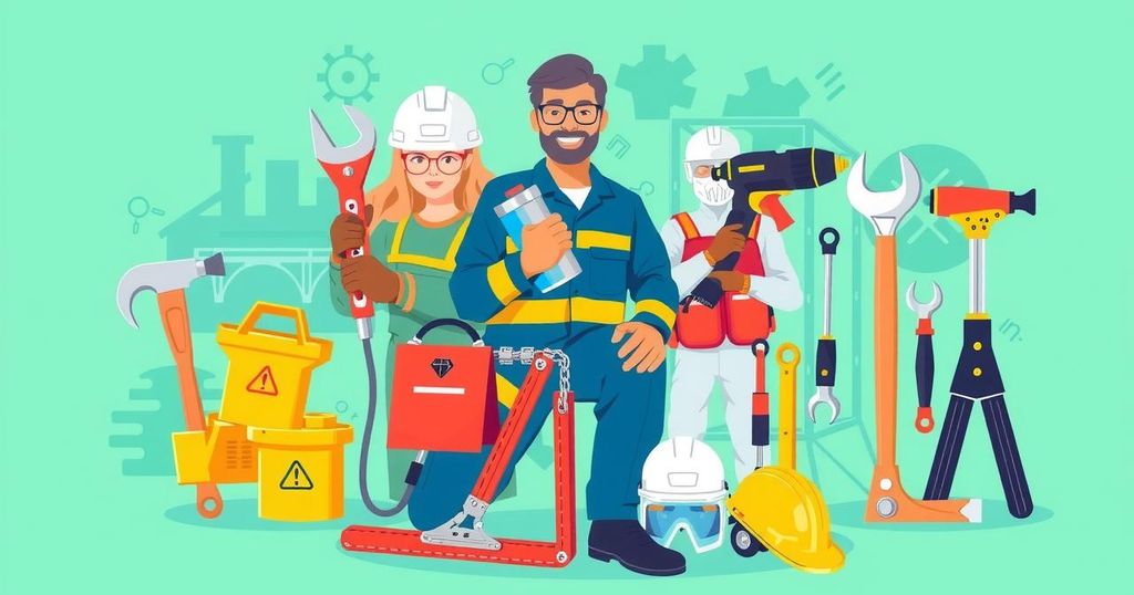 Ilustrasi profesi berisiko tinggi dengan latar belakang berwarna cerah seperti hijau dan biru.