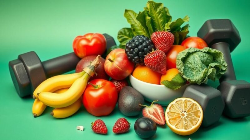 Glimpse of a healthy lifestyle with fresh fruits, vegetables, and exercise equipment in a bright, colorful setting.