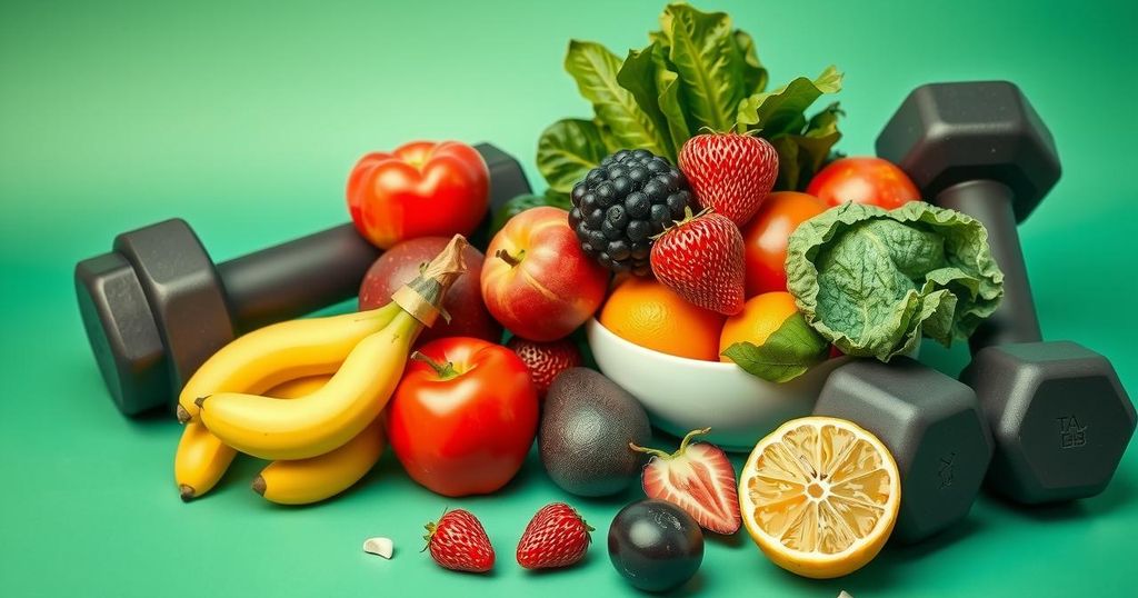 Glimpse of a healthy lifestyle with fresh fruits, vegetables, and exercise equipment in a bright, colorful setting.