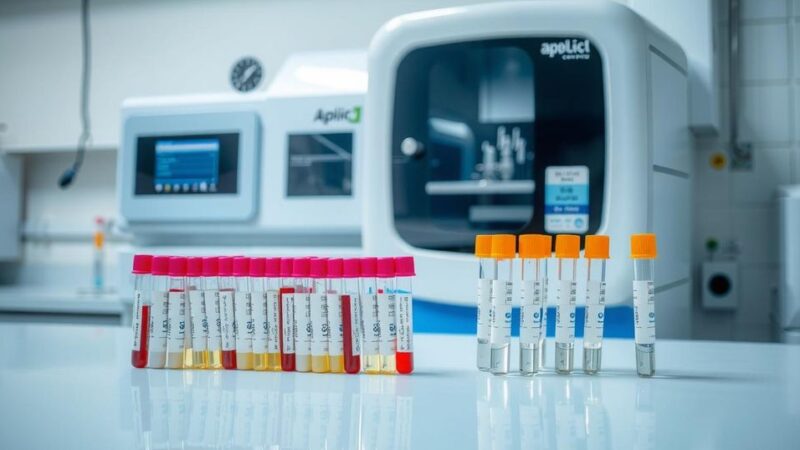 Laboratory scene showing blood samples, test tubes, and analysis equipment in health research.