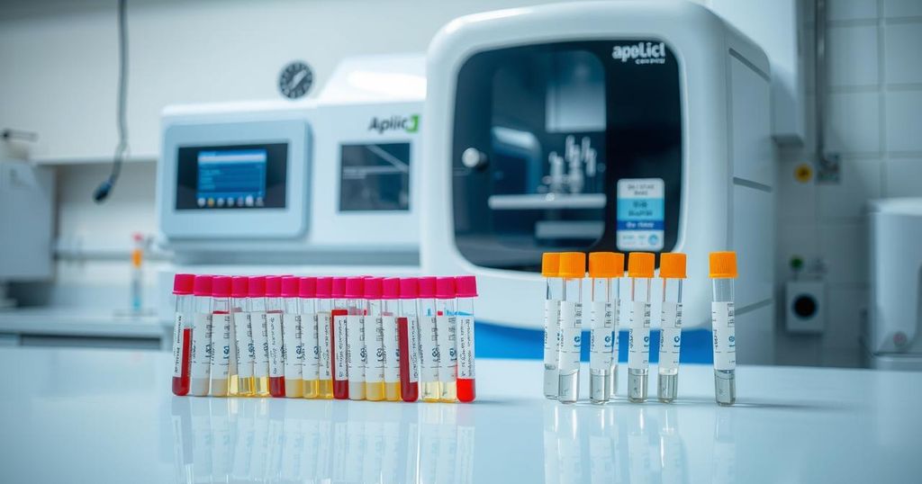 Laboratory scene showing blood samples, test tubes, and analysis equipment in health research.