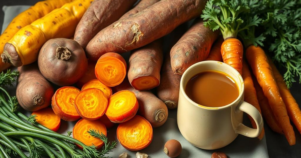 Sayuran kuning gelap dan kopi berkontribusi pada pola makan anti-inflamasi, membentuk pemandangan kuliner yang sehat.