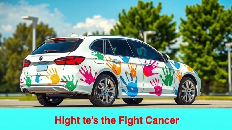 Hyundai Hope on Wheels donation event with colorful handprints on a car, symbolizing unity and support for children.