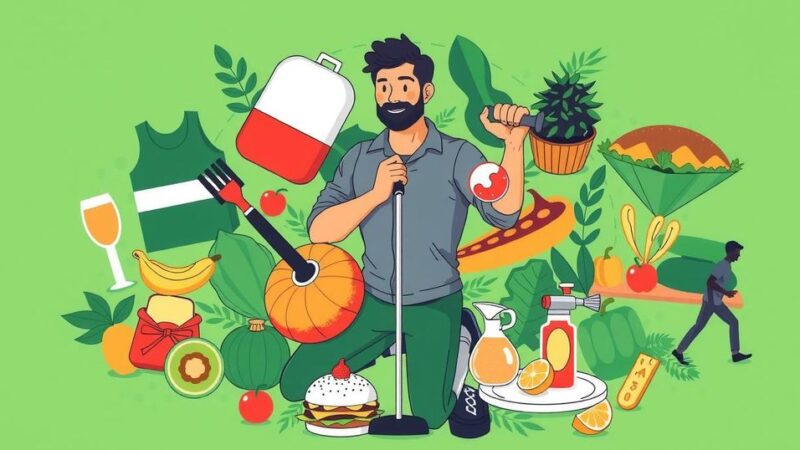 Ilustrasi kesehatan pria dengan berbagai gaya hidup sehat, fokus pada olahraga dan makanan bergizi di latar belakang hijau.