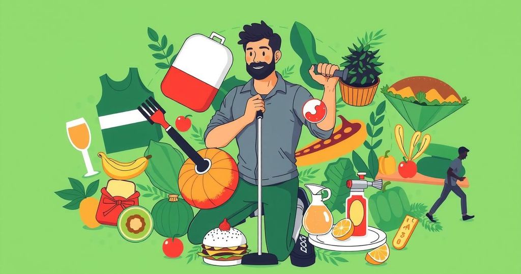 Ilustrasi kesehatan pria dengan berbagai gaya hidup sehat, fokus pada olahraga dan makanan bergizi di latar belakang hijau.