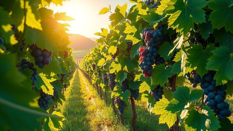 Grapes, sunlight, and green leaves in a vineyard, showcasing nature's beauty and tranquility.