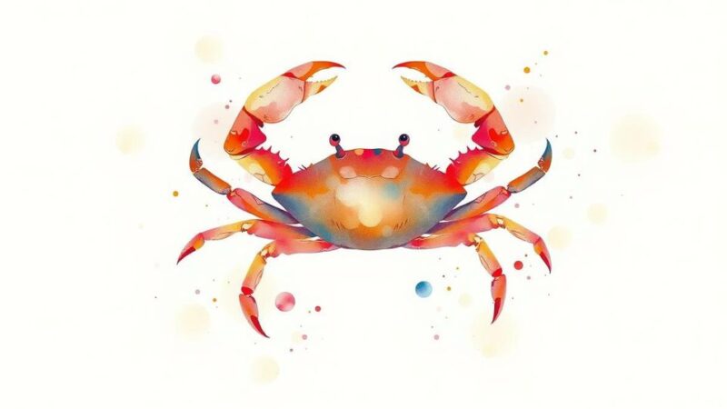 Luminous crab symbolizing Cancer sign with soft white background and gentle watercolor textures.