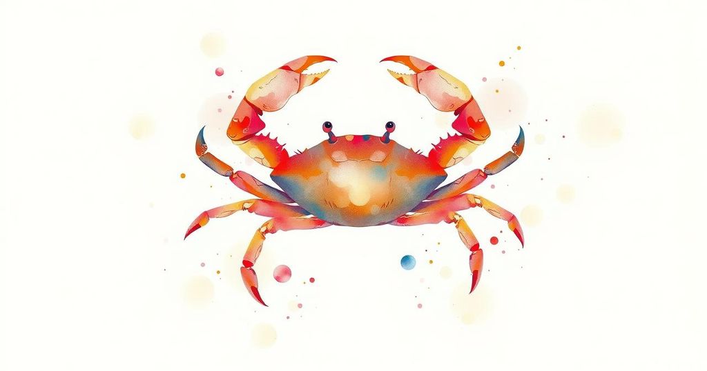 Luminous crab symbolizing Cancer sign with soft white background and gentle watercolor textures.