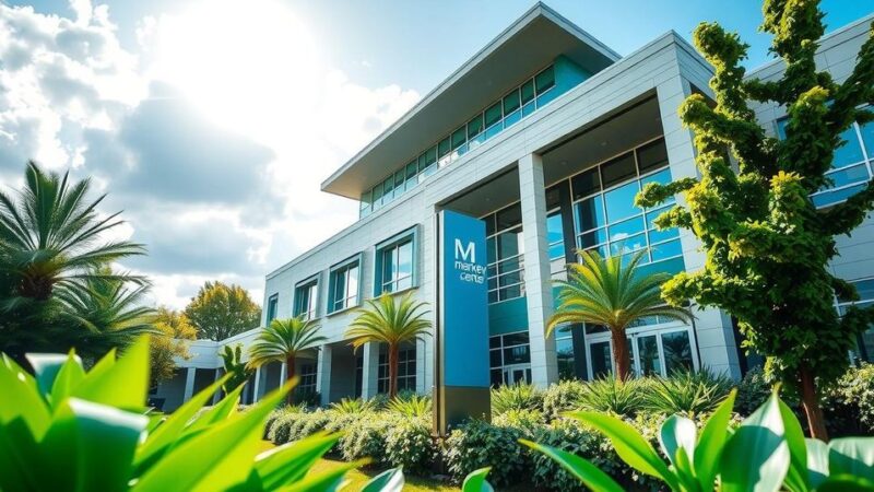 Pemandangan luar Markey Cancer Center dengan langit cerah dan tanaman hijau, merepresentasikan kemajuan penanganan kanker.