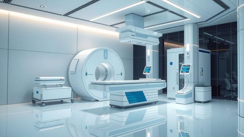 Sistem terapi radiasi yang modern dengan teknologi AI, menampilkan mesin LINAC di lingkungan klinik yang canggih.