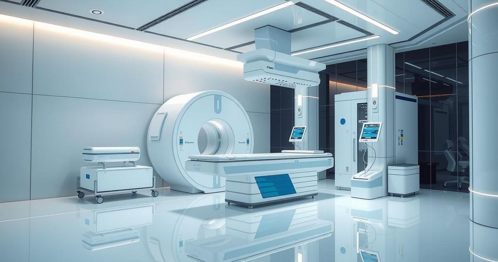 Sistem terapi radiasi yang modern dengan teknologi AI, menampilkan mesin LINAC di lingkungan klinik yang canggih.