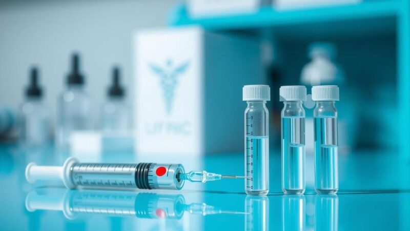 Syringe and blood test vials with bright colors, representing early cancer detection technology in a lab setting.