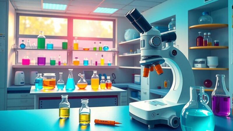 Ilustrasi penelitian kanker menggunakan mikroskop di laboratorium ilmu kedokteran dengan warna cerah.