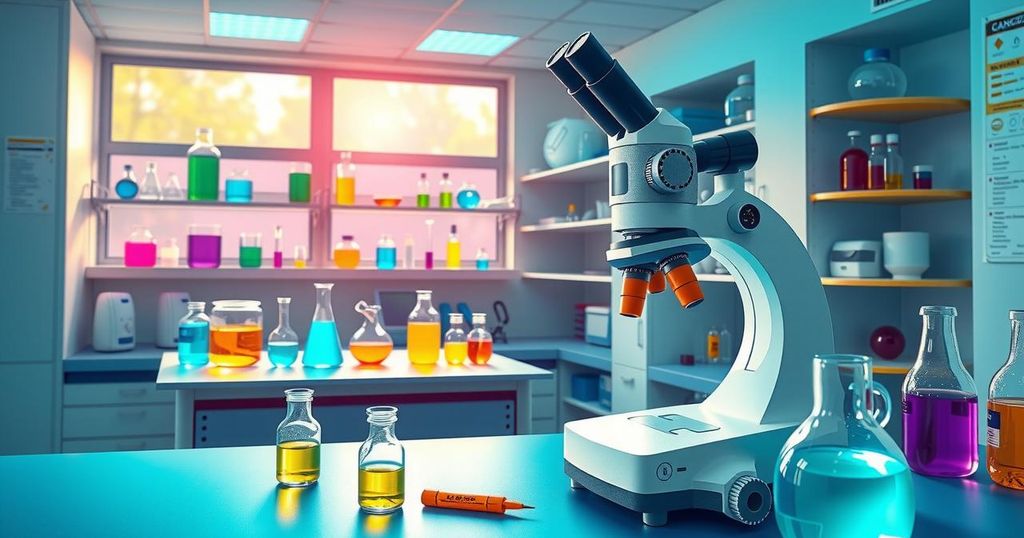 Ilustrasi penelitian kanker menggunakan mikroskop di laboratorium ilmu kedokteran dengan warna cerah.