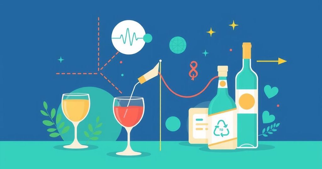 Ilustrasi yang menunjukkan kebijakan alkohol dalam pencegahan kanker dengan skema warna biru dan hijau.