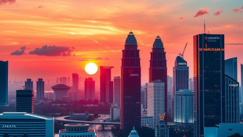 Skyscrapers and cityscape in Jakarta reflecting Indonesia's healthcare initiative for cervical cancer prevention with DNA testing.