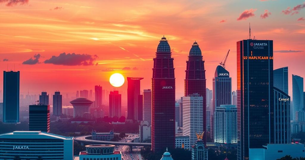 Skyscrapers and cityscape in Jakarta reflecting Indonesia's healthcare initiative for cervical cancer prevention with DNA testing.