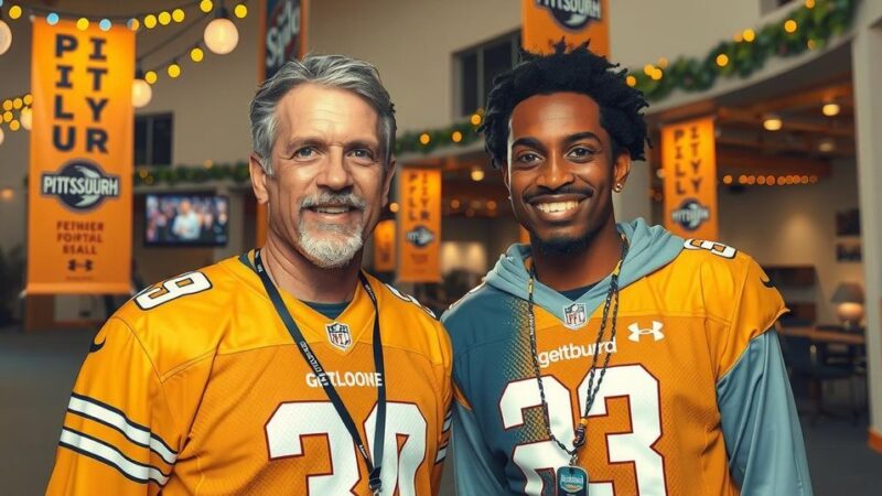 Dua mantan pemain sepak bola berdiri di lokasi penggalangan dana di Pittsburgh untuk penelitian kanker.