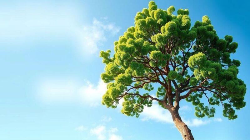 Pohon hijau dengan latar langit biru, menggambarkan penelitian dan testing biomarker dengan rapi.