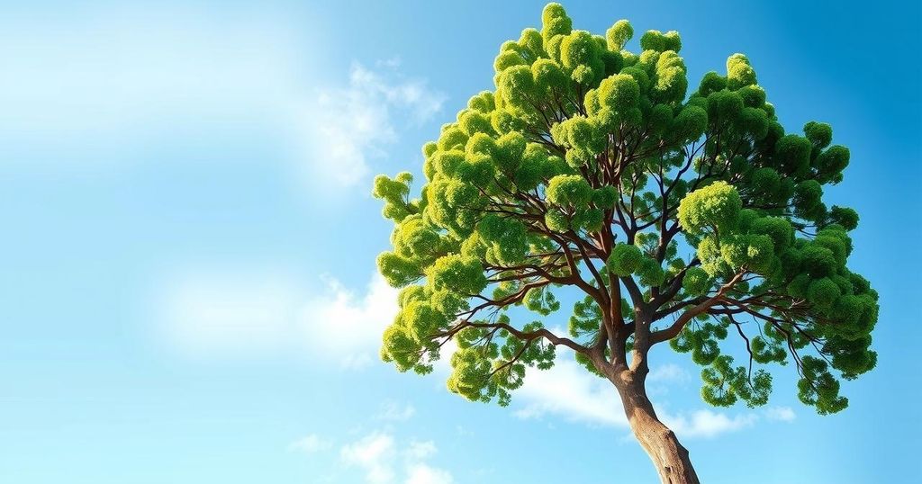 Pohon hijau dengan latar langit biru, menggambarkan penelitian dan testing biomarker dengan rapi.