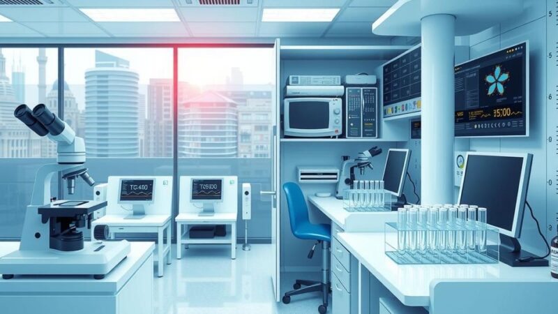 Ilustrasi uji klinis vaksin kanker individual TG4050 di laboratorium dengan peralatan modern.