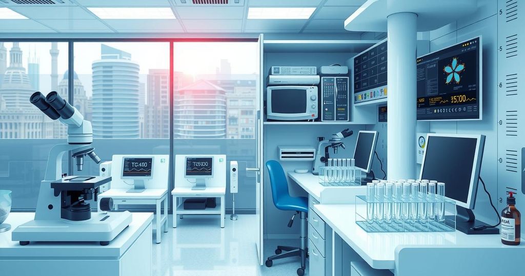 Ilustrasi uji klinis vaksin kanker individual TG4050 di laboratorium dengan peralatan modern.