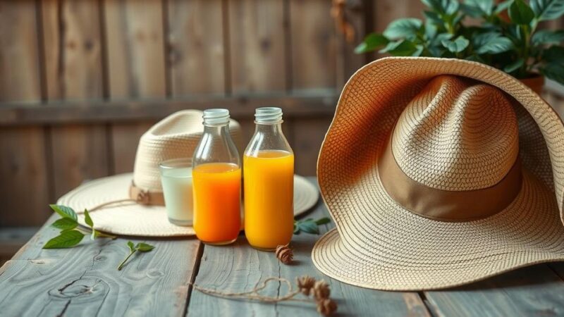 Squeeze bottles and hats emphasizing sun protection in agriculture and outdoor work in Cornwall and Devon.