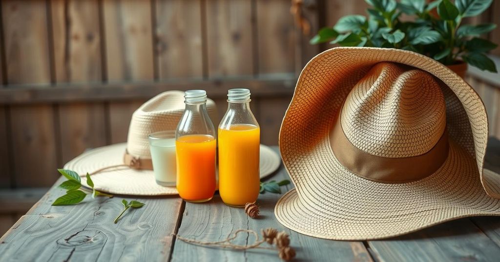 Squeeze bottles and hats emphasizing sun protection in agriculture and outdoor work in Cornwall and Devon.