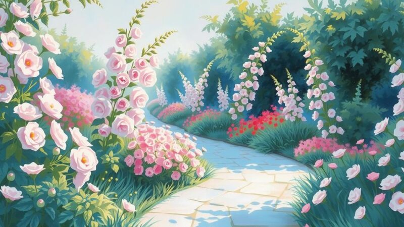 Siluet jalan setapak menelusuri kebun yang indah dengan bunga berwarna pastel di sekitar, menciptakan suasana damai.