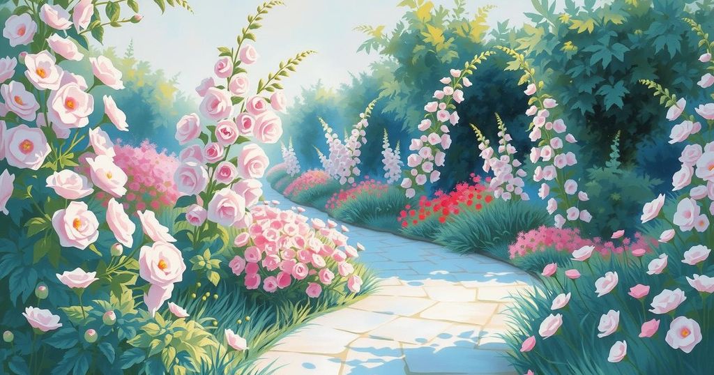 Siluet jalan setapak menelusuri kebun yang indah dengan bunga berwarna pastel di sekitar, menciptakan suasana damai.