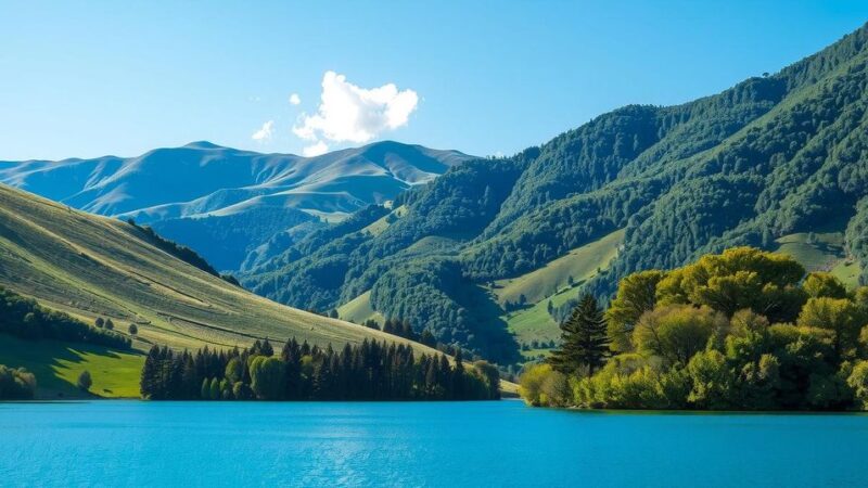 Pemandangan alam yang damai dengan bukit hijau, langit biru cerah, dan danau tenang di tengah hutan.