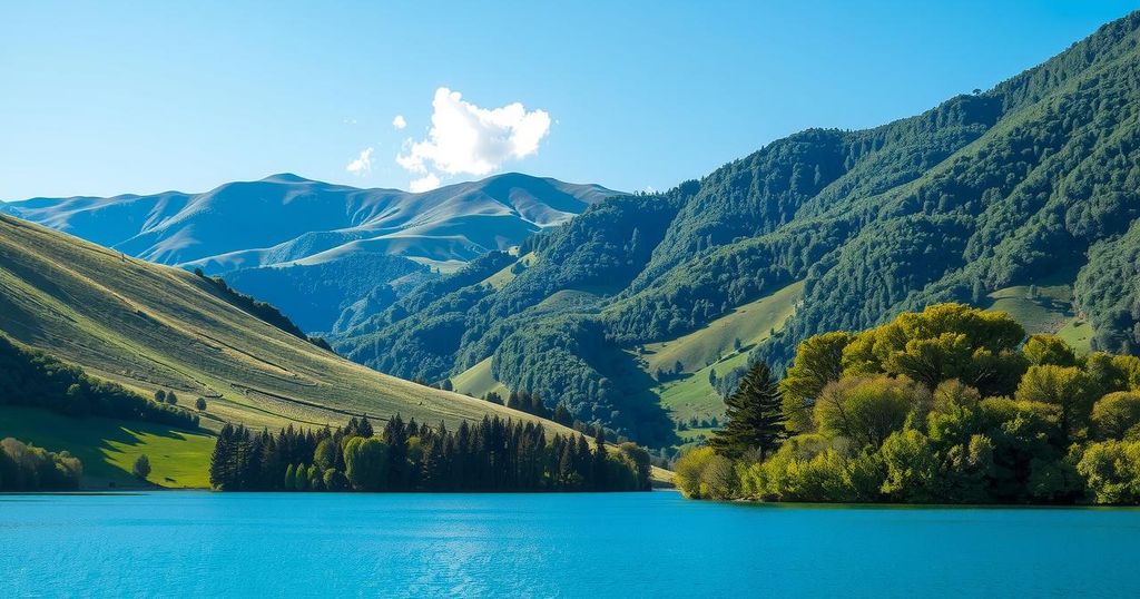 Pemandangan alam yang damai dengan bukit hijau, langit biru cerah, dan danau tenang di tengah hutan.