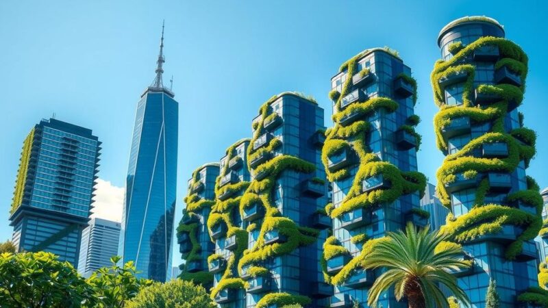 Skyscrapers surrounded by greenery with vibrant blue sky, reflecting urban sustainability and environmental care in a modern city.
