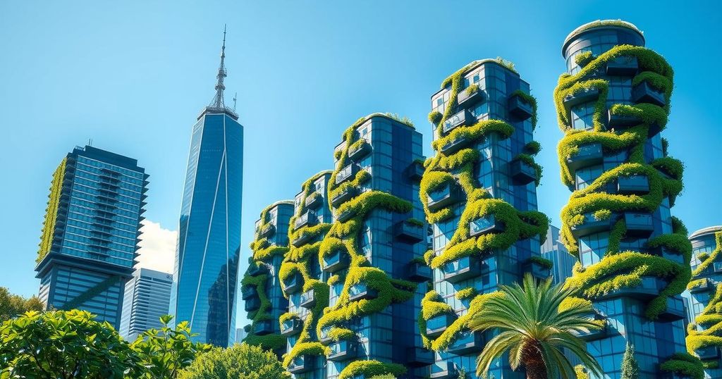 Skyscrapers surrounded by greenery with vibrant blue sky, reflecting urban sustainability and environmental care in a modern city.
