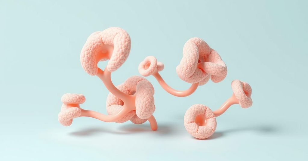 Gambar diagram organoid kanker payudara dalam skema warna pastel dengan gaya seni minimalis.