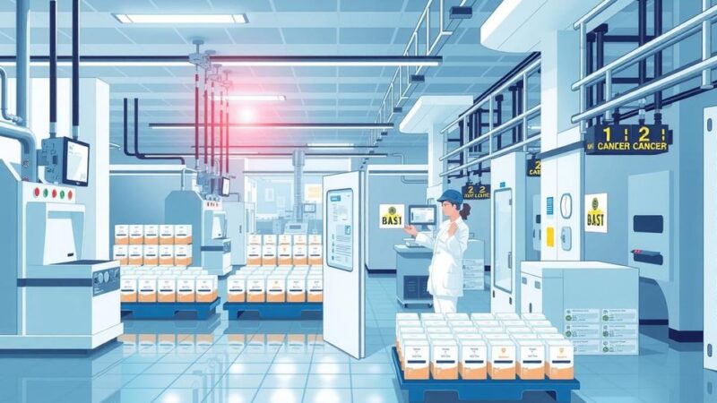 Gambar ilustrasi proses distribusi obat kanker di pabrik, dengan pemantauan kualitas dan kemasan yang rapi.