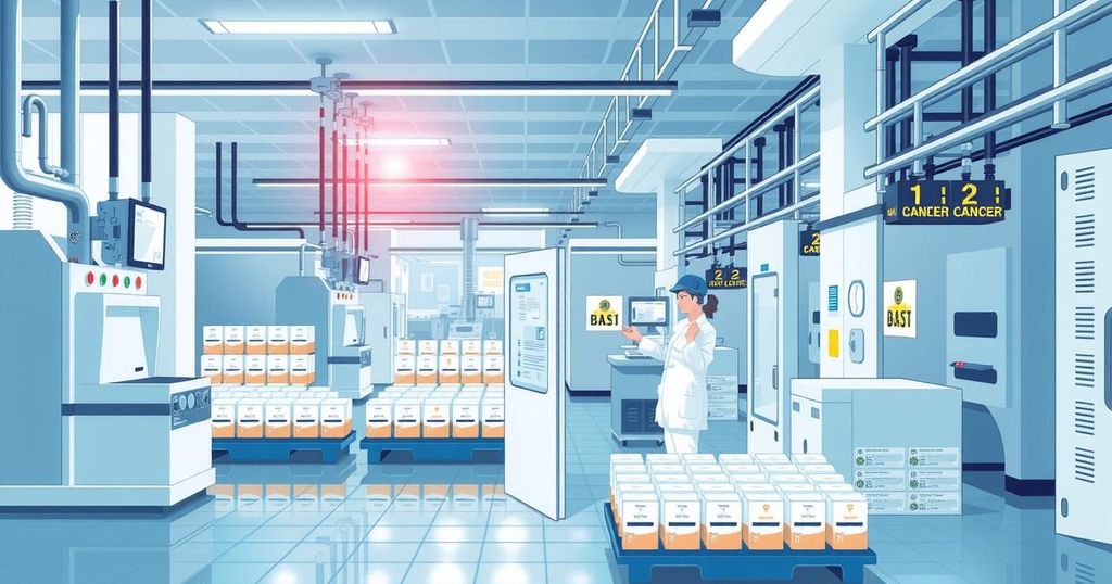 Gambar ilustrasi proses distribusi obat kanker di pabrik, dengan pemantauan kualitas dan kemasan yang rapi.