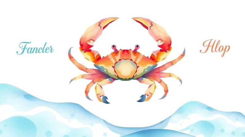 Gambaran horoskop Cancer dengan latar belakang berwarna putih, simbol kepiting, dan elemen air.