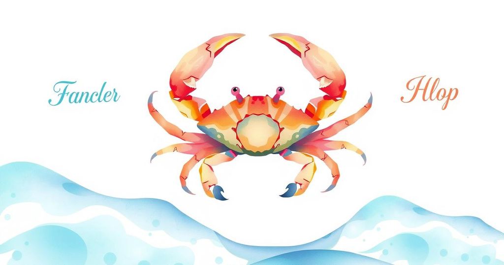 Gambaran horoskop Cancer dengan latar belakang berwarna putih, simbol kepiting, dan elemen air.