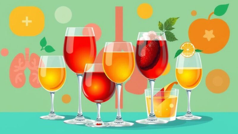 Ilustrasi grafik konsumsi alkohol yang berdampak pada kesehatan organ vital dengan nuansa warna cerah.