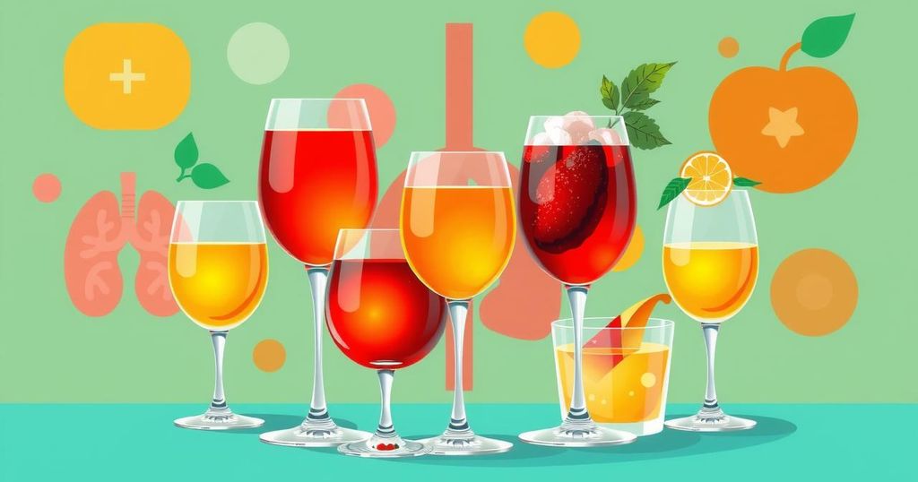 Ilustrasi grafik konsumsi alkohol yang berdampak pada kesehatan organ vital dengan nuansa warna cerah.