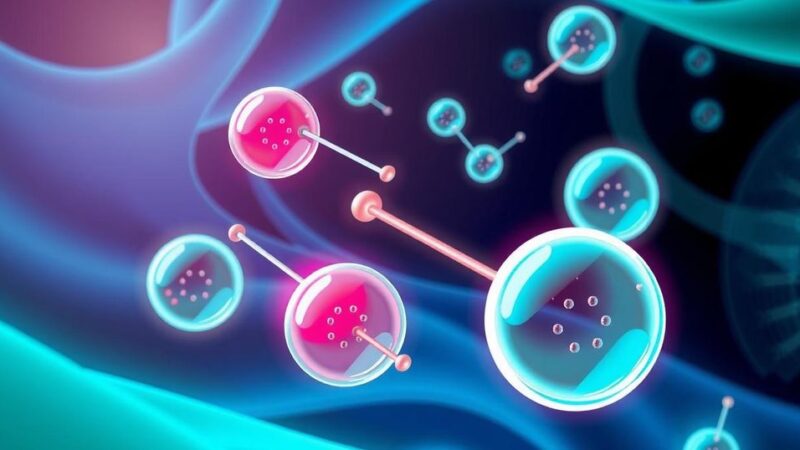 Konsep nanobody-liposome dengan warna cerah untuk inovasi pengobatan kanker paru-paru yang efektif.